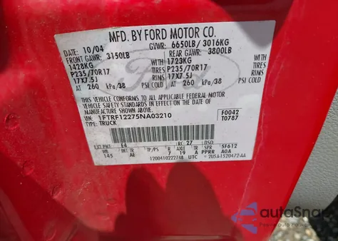 2005 Ford F-150 Stx/Xl/Xlt из США, поврежденный, VIN 1FTRF12275NA03210